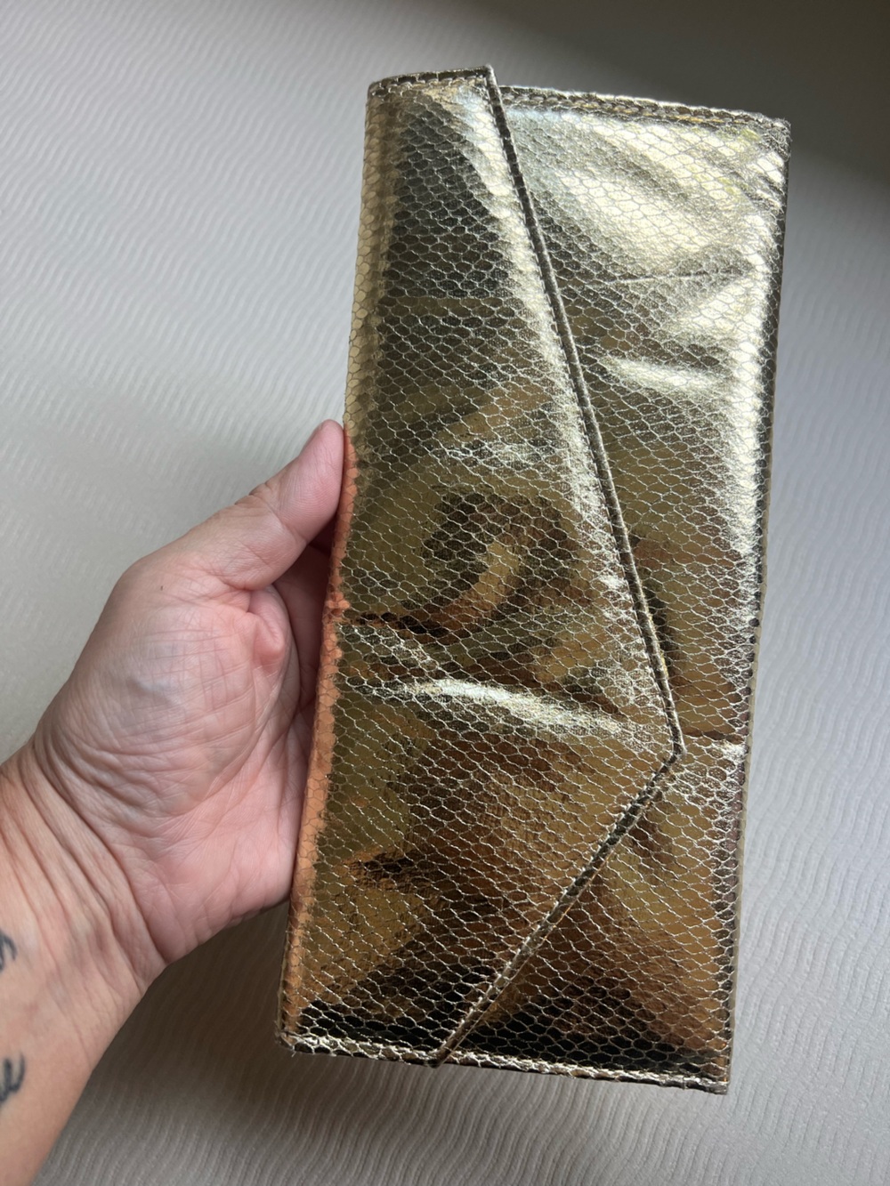 Gold metallic snakeskin-embossed trifold wallet NWOT